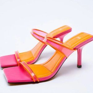 ZARA Square Toe Strappy Sandals Heels Pink Orange Blogger Favorite Barbiecore